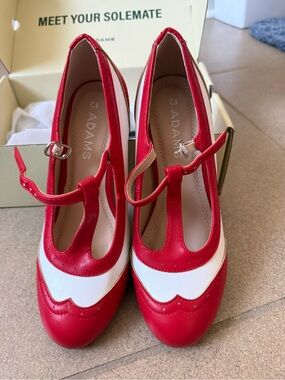 J. Adams Red and White T-Strap Mary Jane Heels